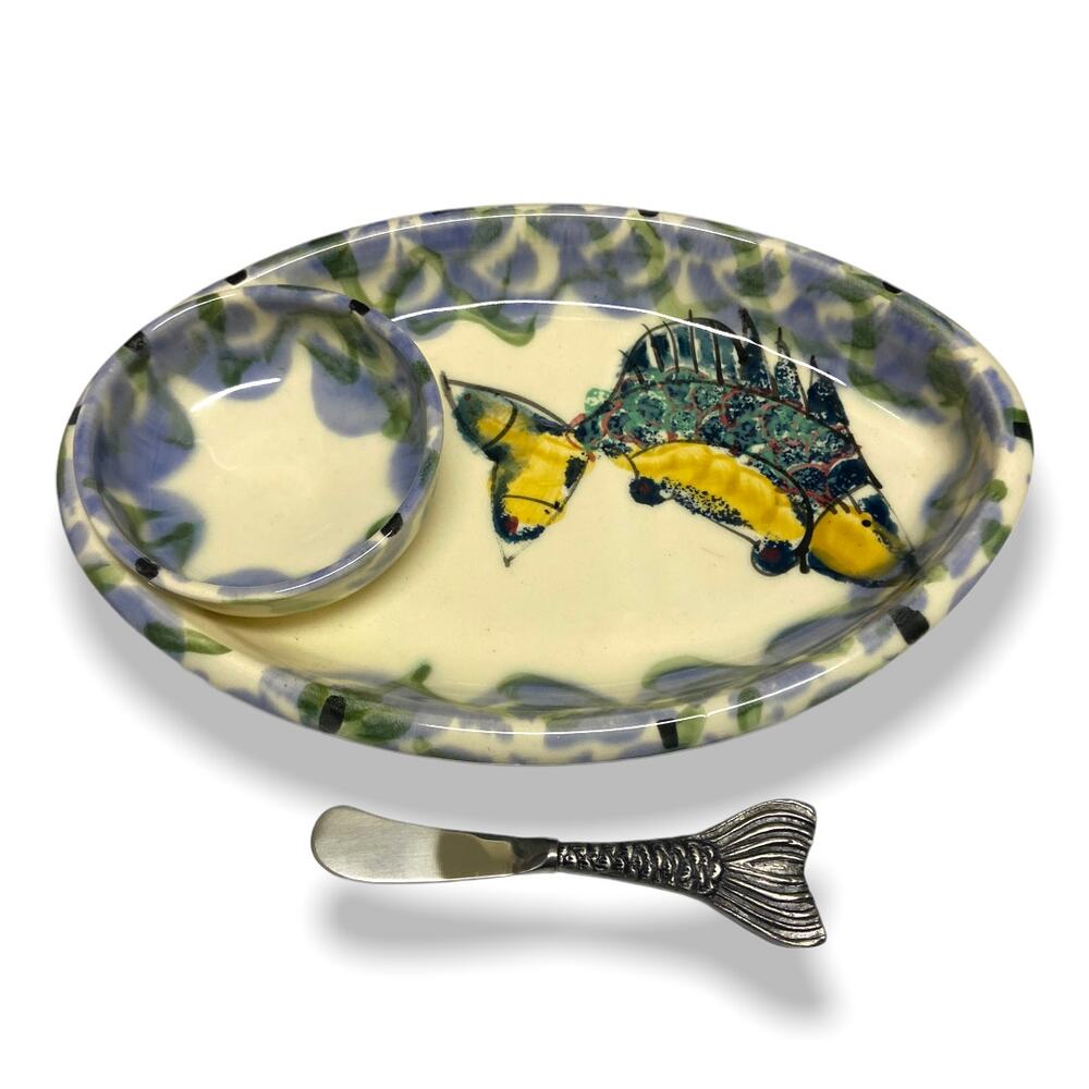 Beautiful Hand Painted Fish Spread Dish with Mermaid Tail Spreader‎